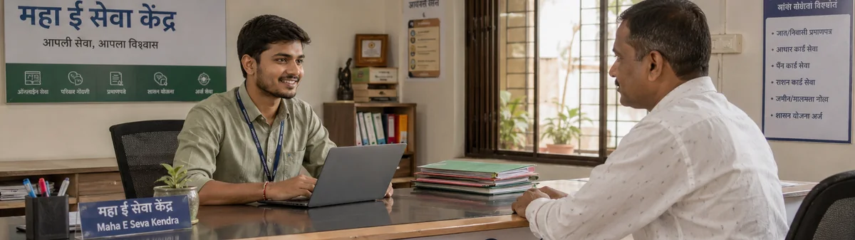 An Aaple Sarkar Seva Kendra operator assisting a citizen with a government service application on a laptop at a Maharashtra service centre desk