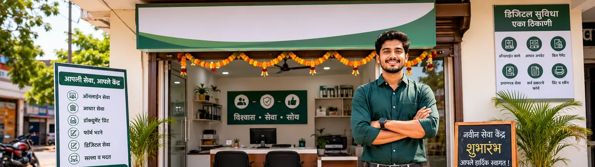 A young entrepreneur standing outside a newly opened Common Service Centre / Aaple Sarkar Seva Kendra in a Maharashtra town on its opening day