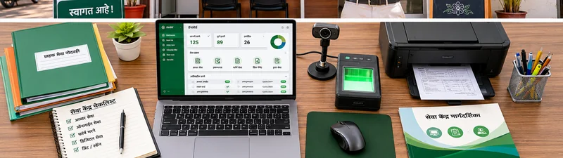 A complete CSC kiosk desk setup: laptop, biometric fingerprint scanner, web camera, multi-function printer, document folders and a service-centre checklist